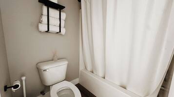 Secadora de cabello, toallas, jabón, papel de baño