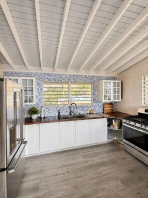 Una cocina moderna con armarios blancos, un refrigerador de acero inoxidable, un lavamanos doble y una estufa a gas.