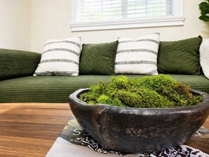 Ein grünes Sofa mit gestreiften Kissen, eine dunkle Schale mit grünem Moos und ein Fenster mit Jalousien.