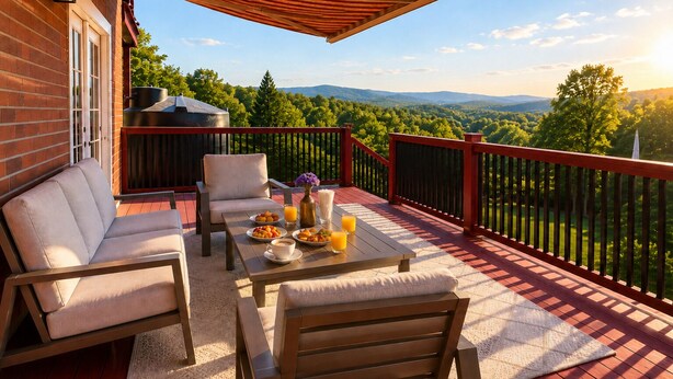A covered outdoor seating area with a table set for breakfast, a grill, and a scenic view of the mountains. - Luxury Retreat| Theater, Golf, Spa, Firepit & Views (Ahwahnee)