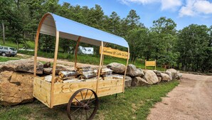 Un carretto di legno con una tenda blu con la scritta 'Firewood $7 Cash In Bond' e un cartello.