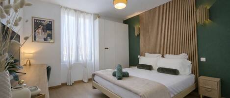 1 bedroom, desk, iron/ironing board, travel cot