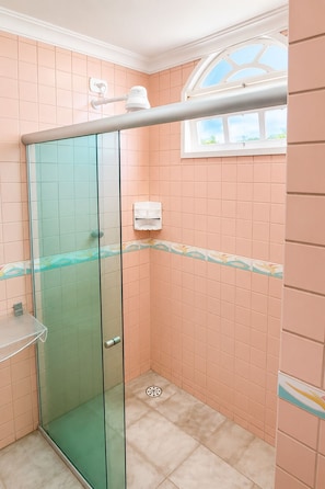 Shower, hair dryer, towels, soap