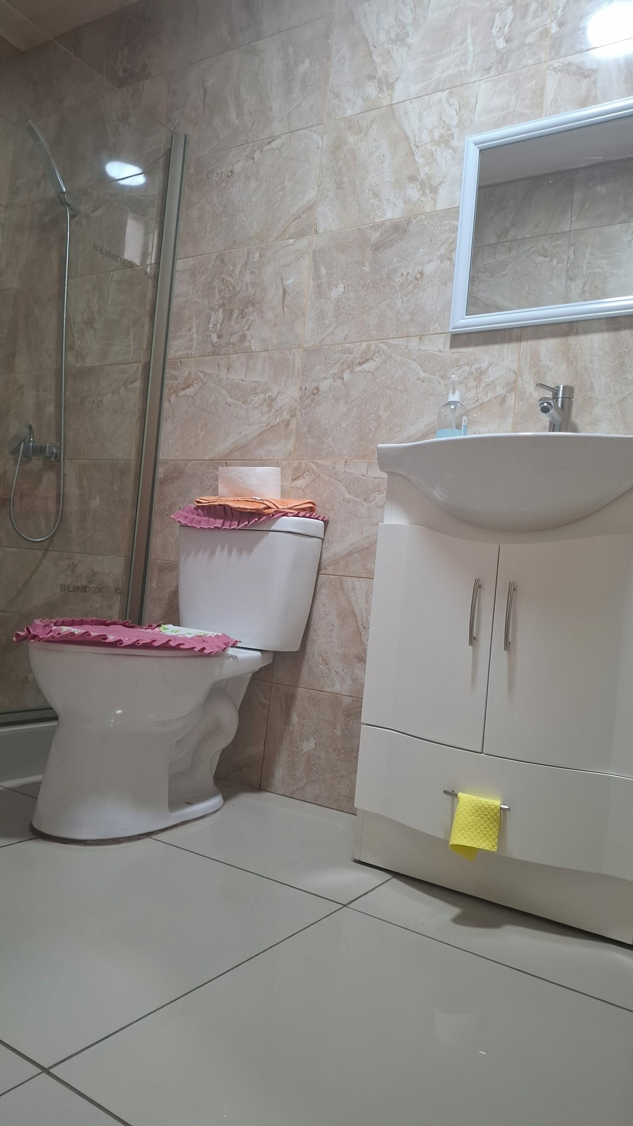 A bathroom with a toilet, a sink, a mirror, and a shower.