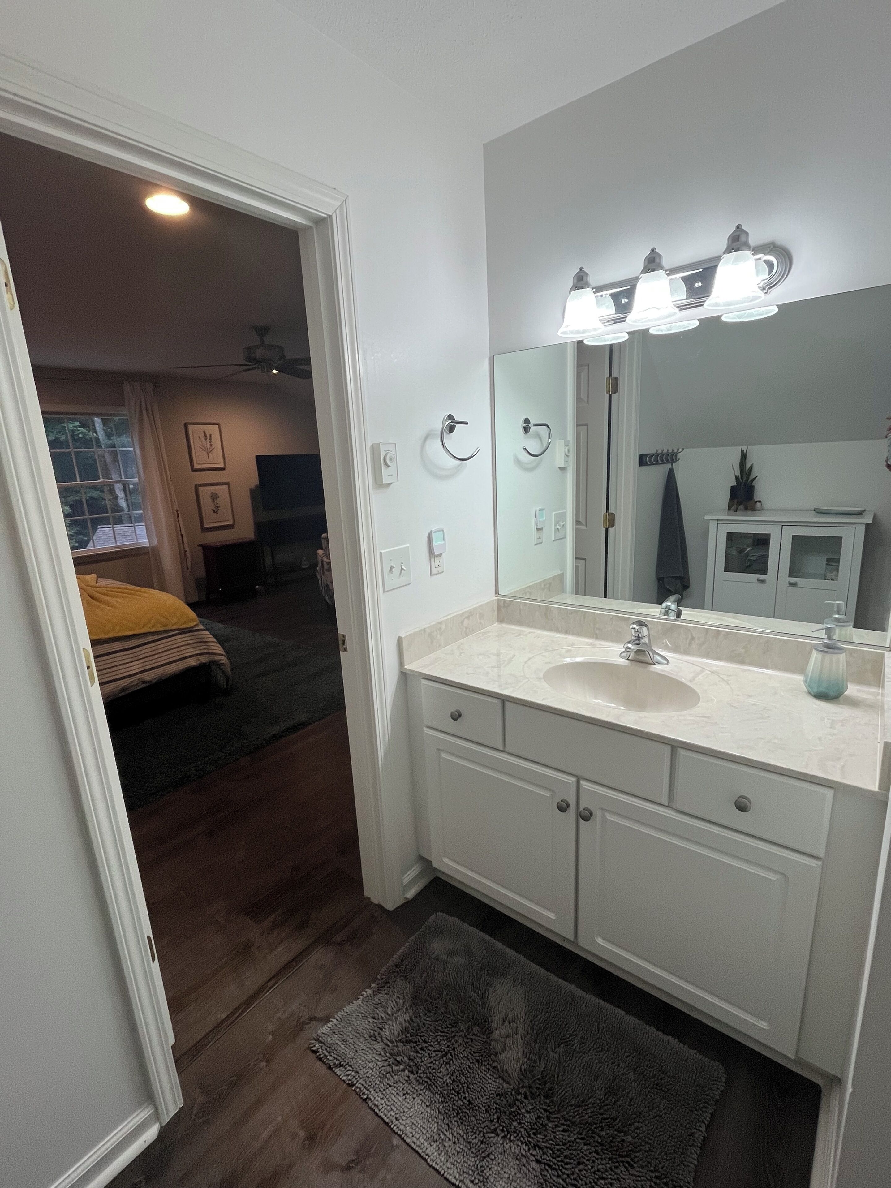 A bathroom with a white vanity, a large mirror, and a ceiling light fixture.