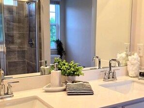 A bathroom with a large mirror, two sinks, a shower, and a potted plant. - Stunning Lake View Home - Family Retreat (Winston-Salem)