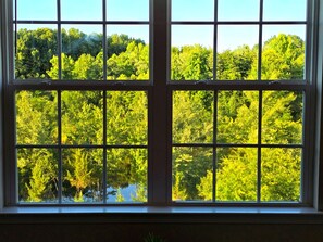 Ein Fenster mit Blick auf eine bewaldete Landschaft und ein Gewässer.