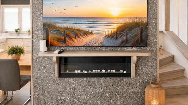 A television mounted on a stone wall with a beach scene, a remote control, and a small shelf below. - Willa Nordica 3 Bedroom House Garden (Stegna)