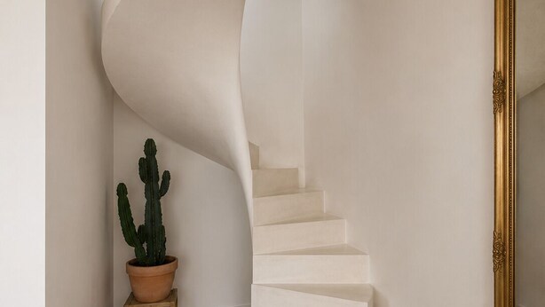 Un escalier en colimaçon dans une pièce où se trouvent un cactus en pot et un grand miroir.