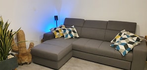 A grey sectional sofa with patterned cushions, a floor lamp, and a potted plant. - Beautiful, air-conditioned house with a hot tub (Calvisson)