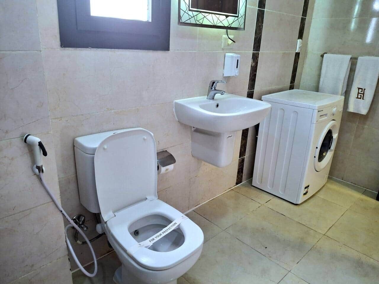 Une salle de bain équipée de toilettes, d’un lavabo et d’un lave-linge.