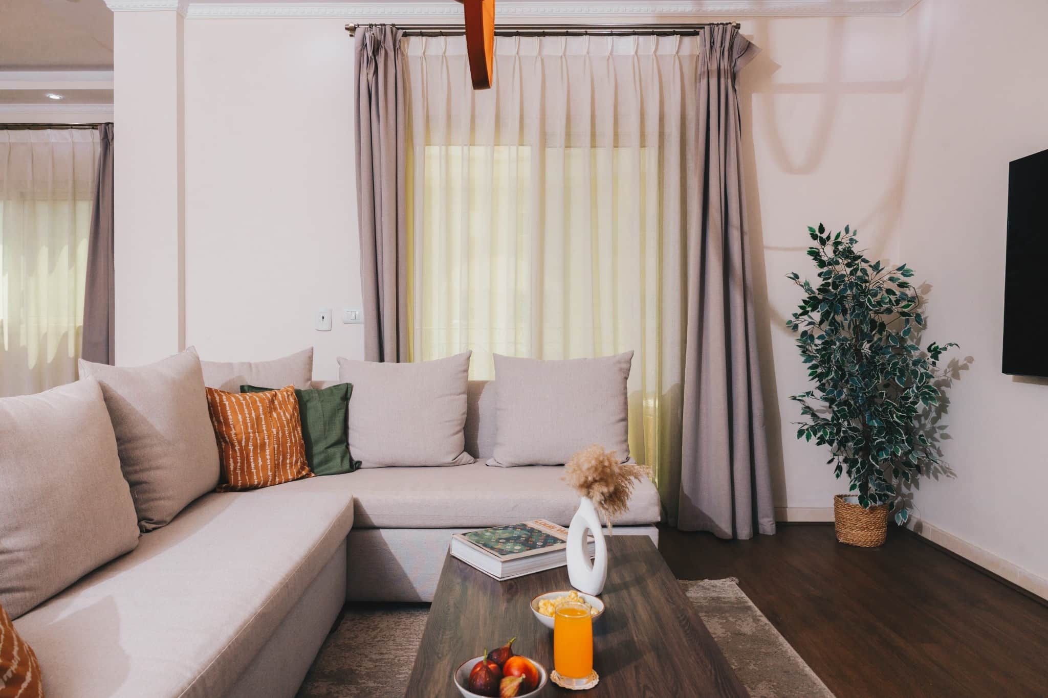 Un salon moderne avec un canapé, une table basse sur laquelle se trouvent un livre et un verre de jus d’orange, et une plante en pot.
