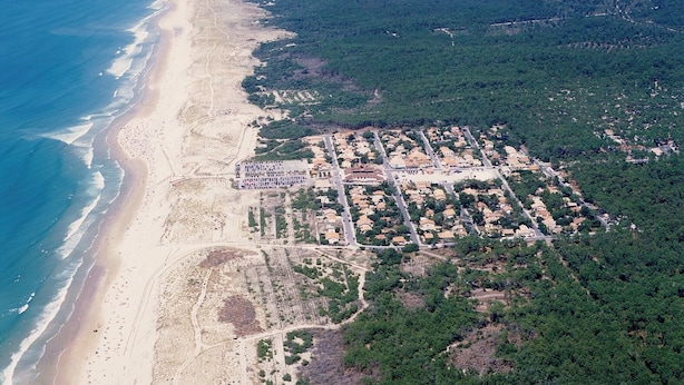 An aerial view of a coastal area with a beach, residential buildings, and surrounding forest.