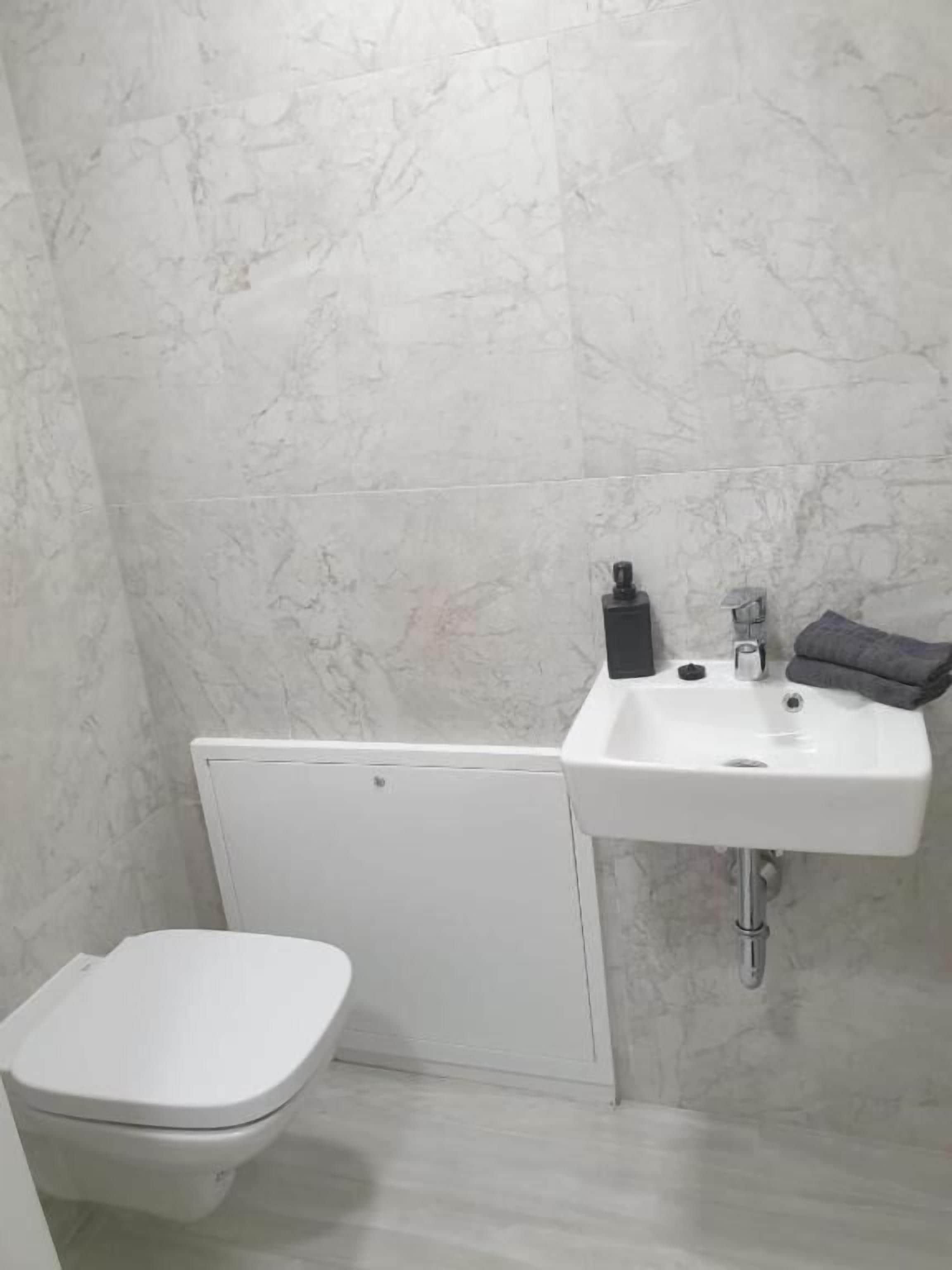 Un baño con inodoro, lavamanos y zona de ducha.