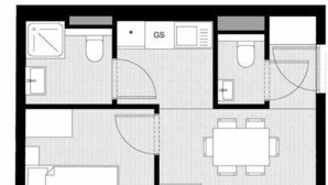 A hotel layout with two bedrooms, a bathroom, a dining area, and a kitchenette.