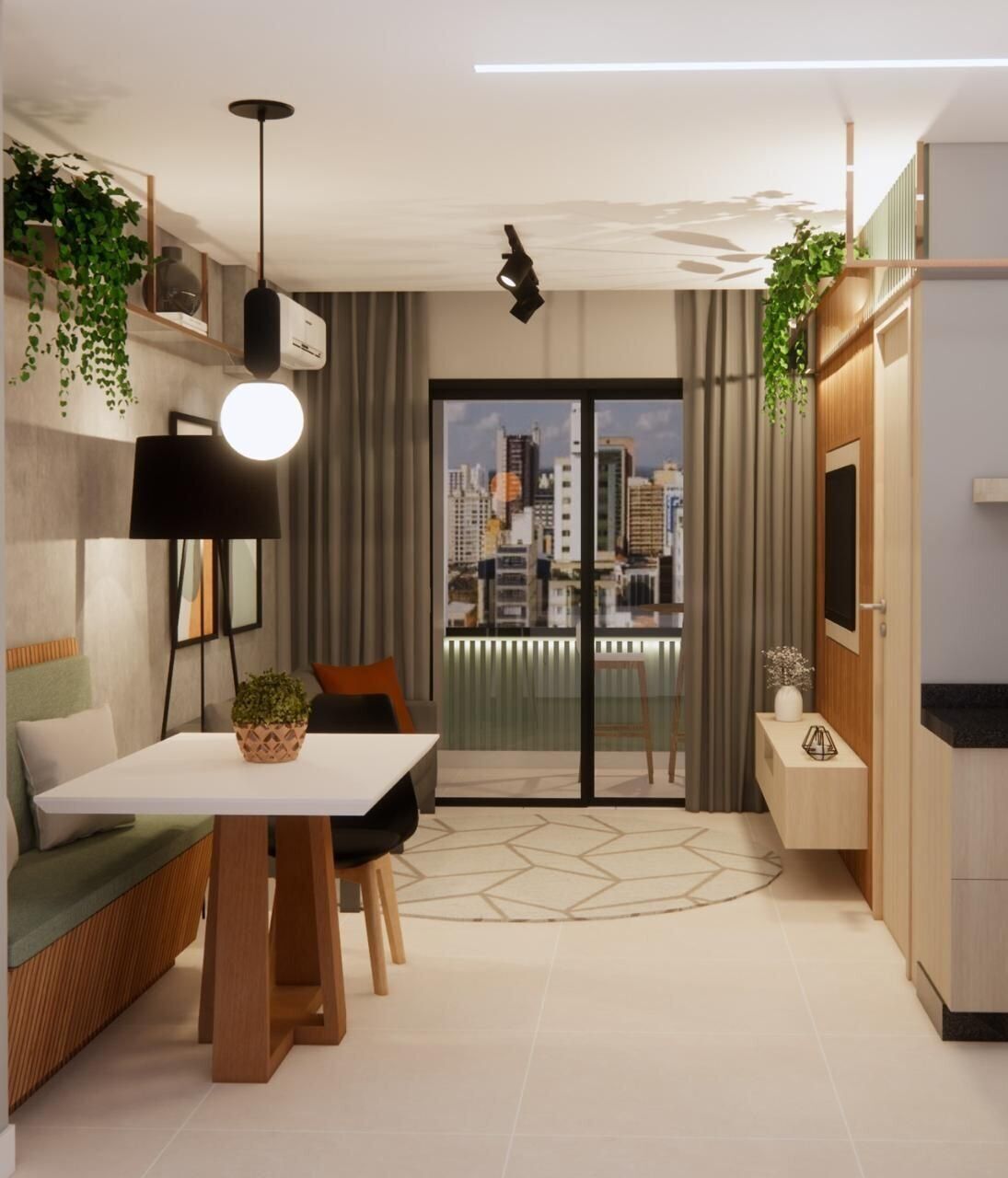 Uma sala de estar moderna com área de jantar, vista da cidade através de uma porta de vidro e cozinha.