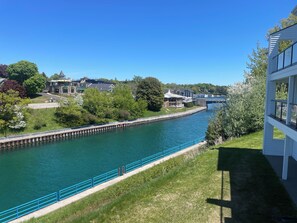 Ein Fluss mit blauer Brüstung, einer grünen Uferböschung und Gebäuden im Hintergrund.