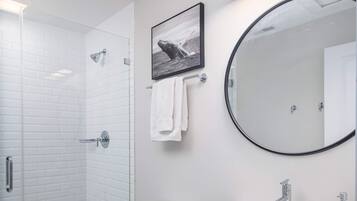 Shower, hair dryer, towels, shampoo