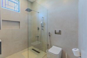 Un baño moderno con ducha de vidrio, inodoro y un pequeño estante.
