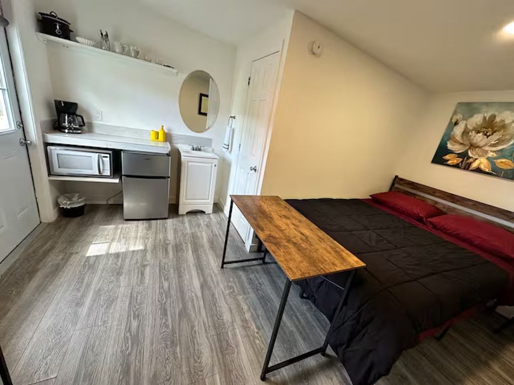 Une pièce de taille modeste comprenant un lit, un bureau et une kitchenette.