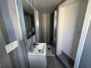 Un bagno piccolo con un lavandino bianco, uno specchio e una doccia.