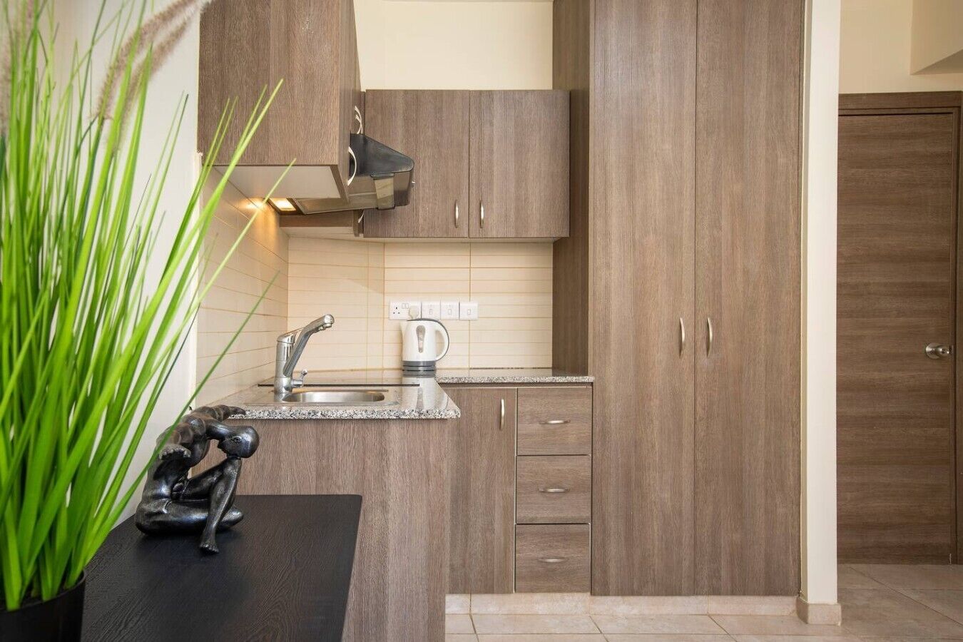 A modern kitchen with a sink, cabinets, and a countertop.