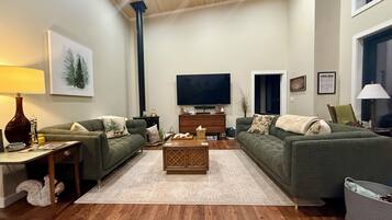 Smart TV, fireplace, video games, DVD player