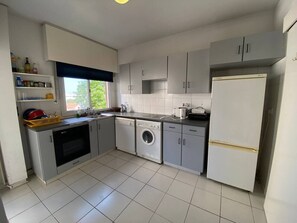 A kitchen with a dishwasher, washing machine, and refrigerator.
