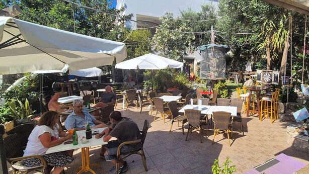 Un patio al aire libre con mesas y sillas, rodeado de vegetación y sombrillas.