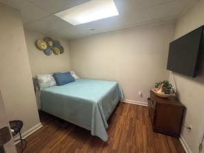Un dormitorio con una cama, un televisor de pared, una planta pequeña e iluminación en el techo.