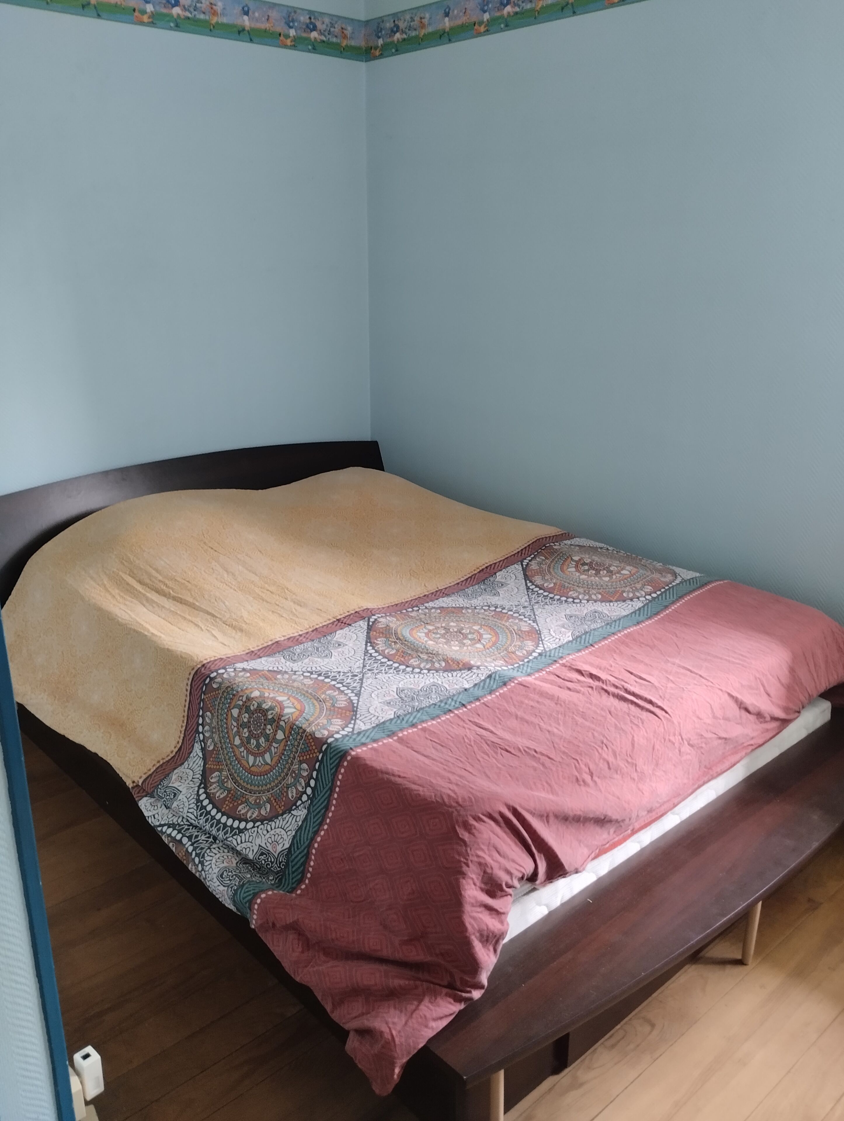 A single bed with a patterned bedspread and a plain pillow in a room with light blue walls and wooden flooring.