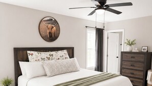Une chambre à coucher avec un lit, un ventilateur de plafond, une fenêtre, une porte et une commode.