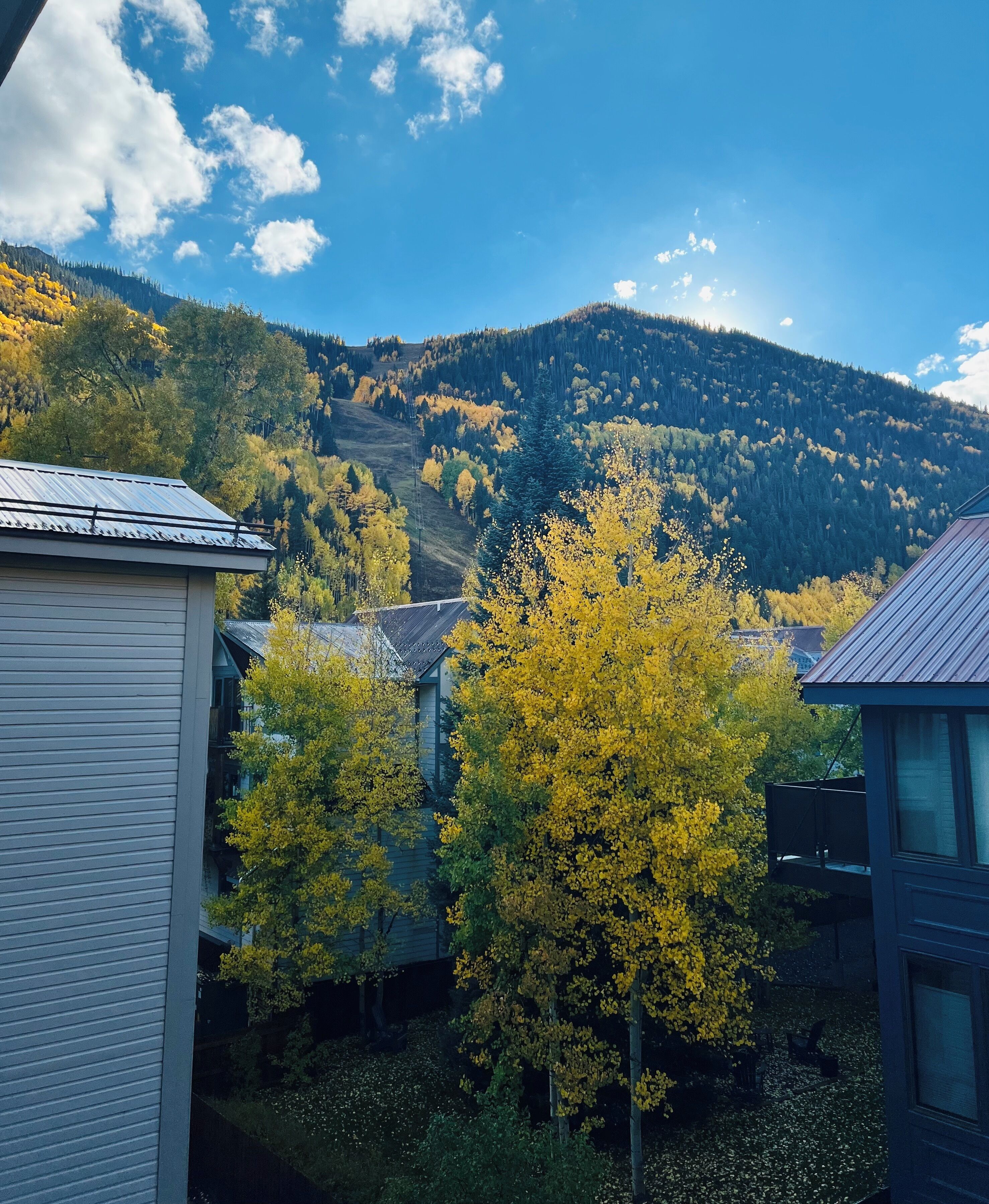 A residential area with houses, a mountain in the background, and a clear sky.