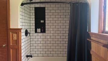 Hair dryer, towels, soap, toilet paper