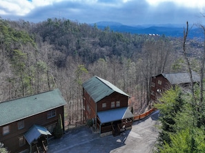 Eine Hütte mit einem grünen Dach, umgeben von einem Wald, mit einem Gebirgszug im Hintergrund.