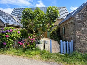 Ein ländliches Anwesen mit einem Steinhaus, einem Holzzaun und einem Baum im Vordergrund.