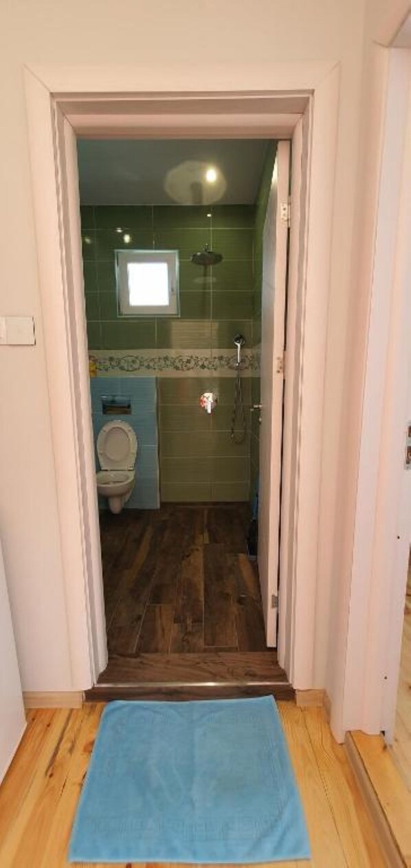 A bathroom with a shower, toilet, and a small window.