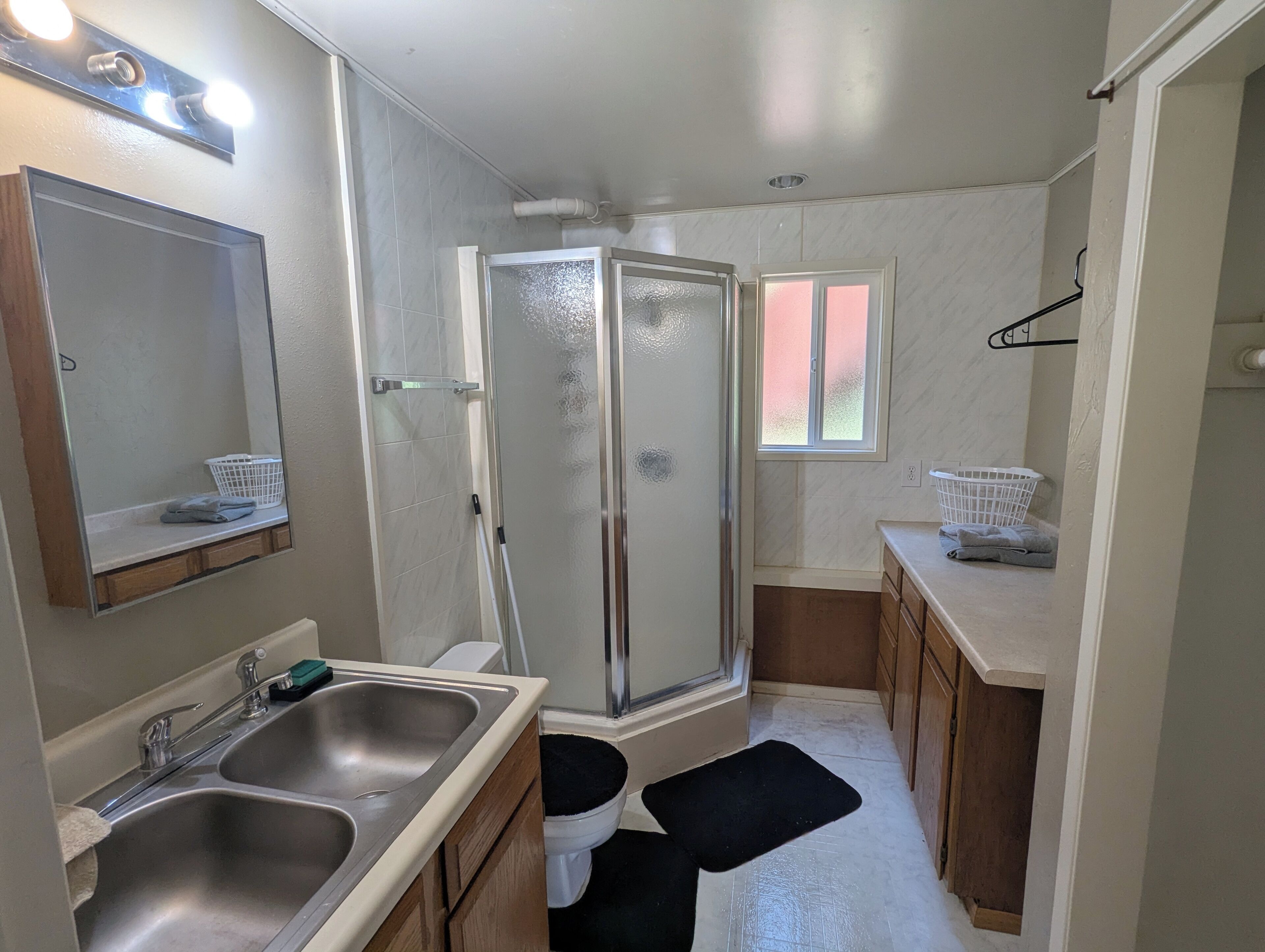 Hair dryer, towels, soap, toilet paper