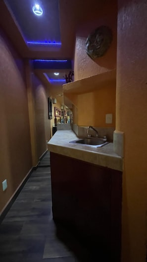 Un pasillo estrecho con una zona de cocina que incluye un lavamanos y una encimera.