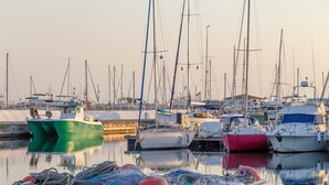 A marina with various boats docked, including a green boat and a red boat. - Camping City (Arles)