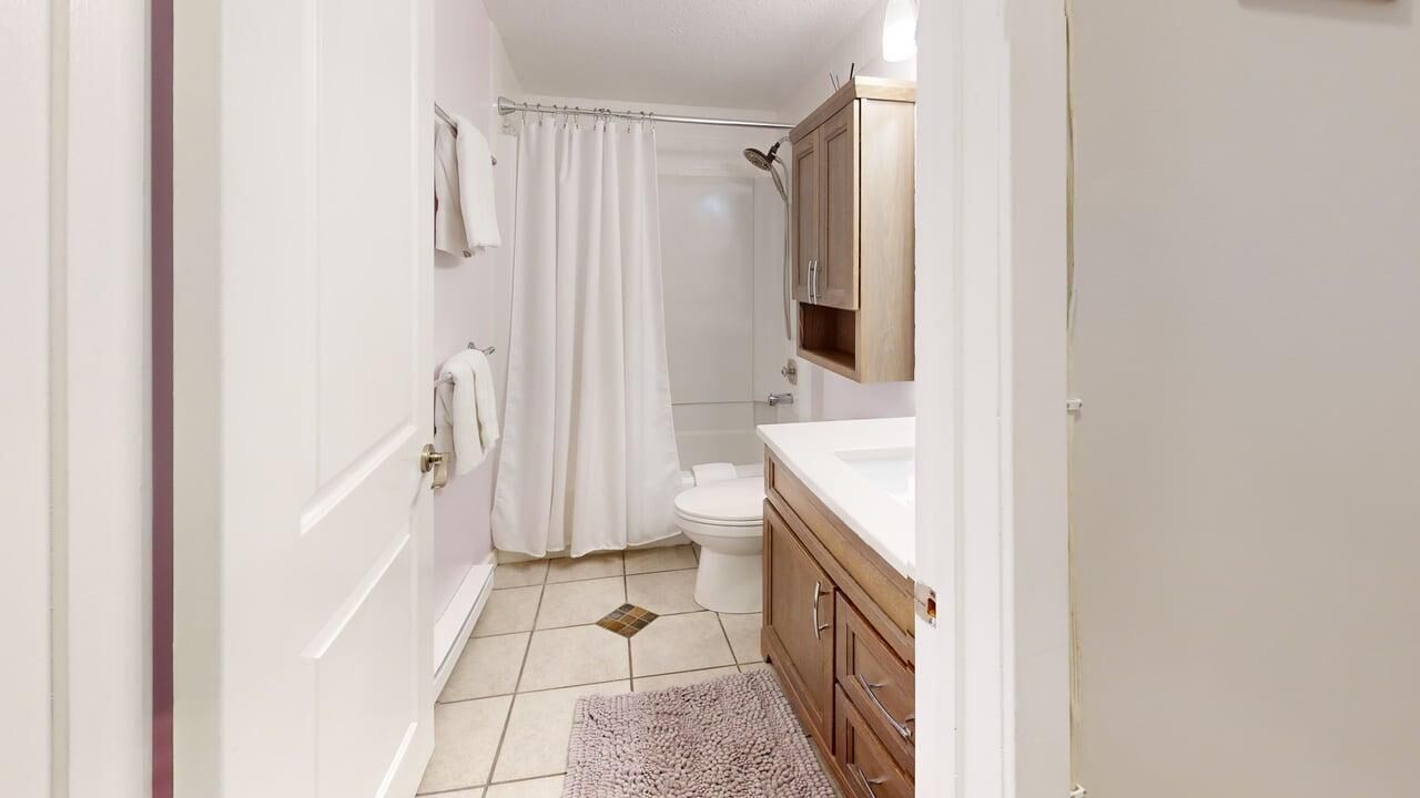 A bathroom with a shower, toilet, and vanity.