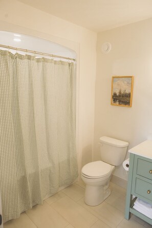 A bathroom with a toilet, a shower curtain, and a sink with a cabinet. - Brand New Cottage in Stratford-Hot Tub, incredible water view! (Stratford)