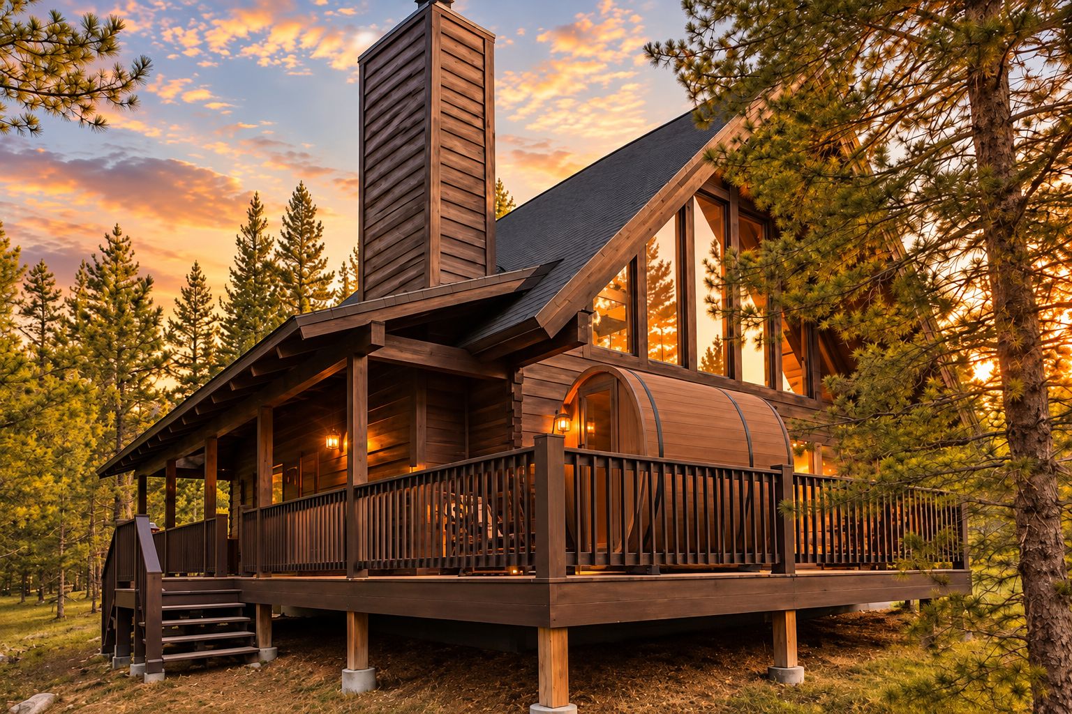 A wooden cabin with a large chimney, a covered porch, and a view of the surrounding forest.