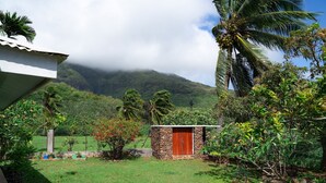 Un jardin tropical agrémenté d’une structure en pierre, de palmiers et, au loin, d’une montagne.