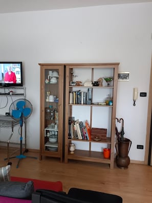 A living room with a television, a bookshelf, a fan, and a potted plant.