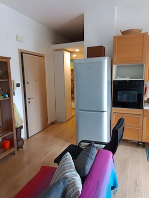 A living room with a sofa, a refrigerator, an oven, wooden cabinets, and a door leading to another room.