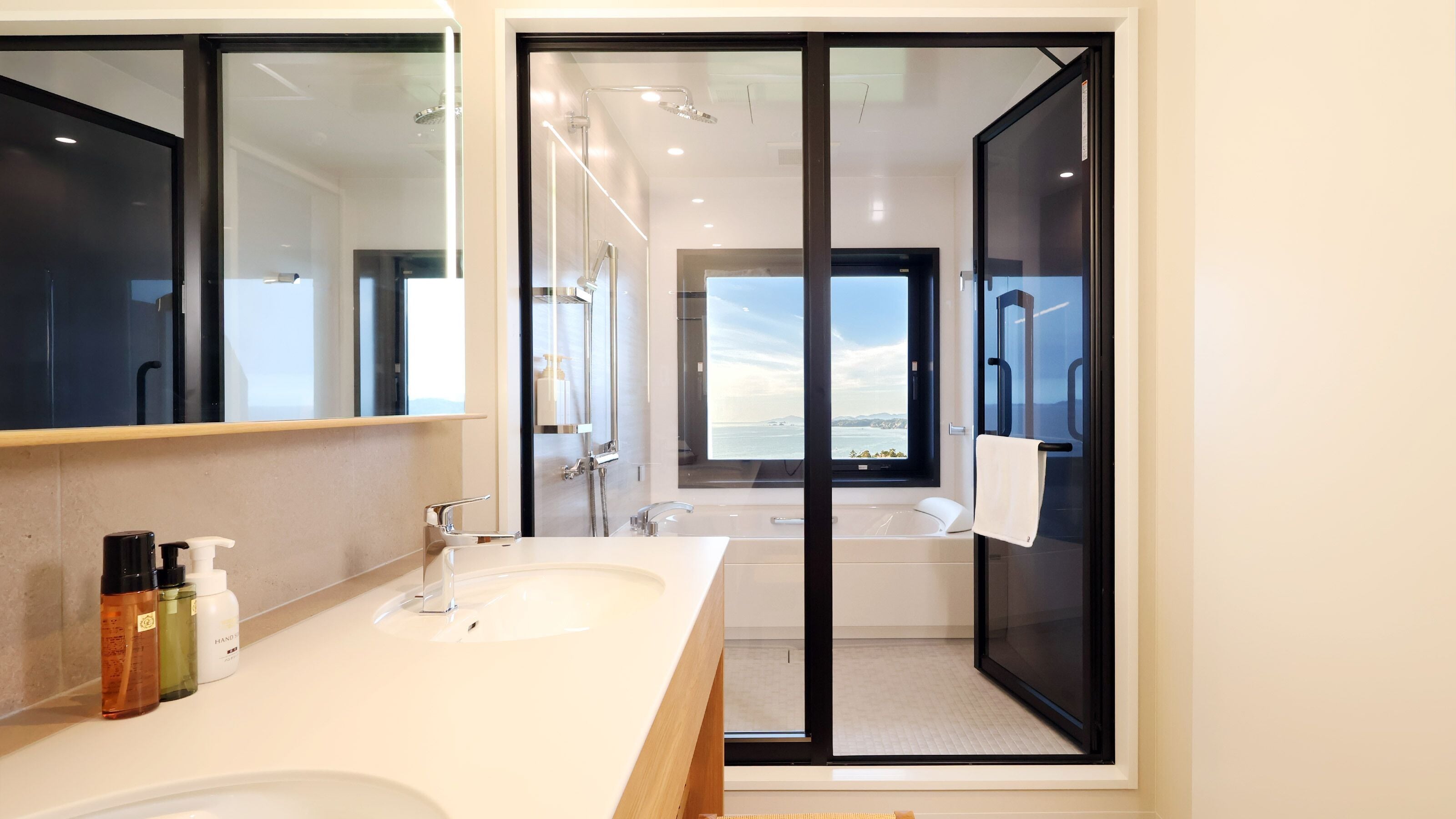 Combined shower/tub, hair dryer, towels, shampoo