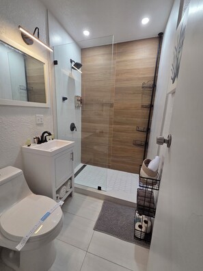 Regadera, secadora de cabello, toallas, papel de baño 
