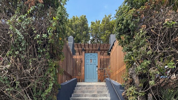 A set of stone steps leading to a blue door, surrounded by dense foliage.