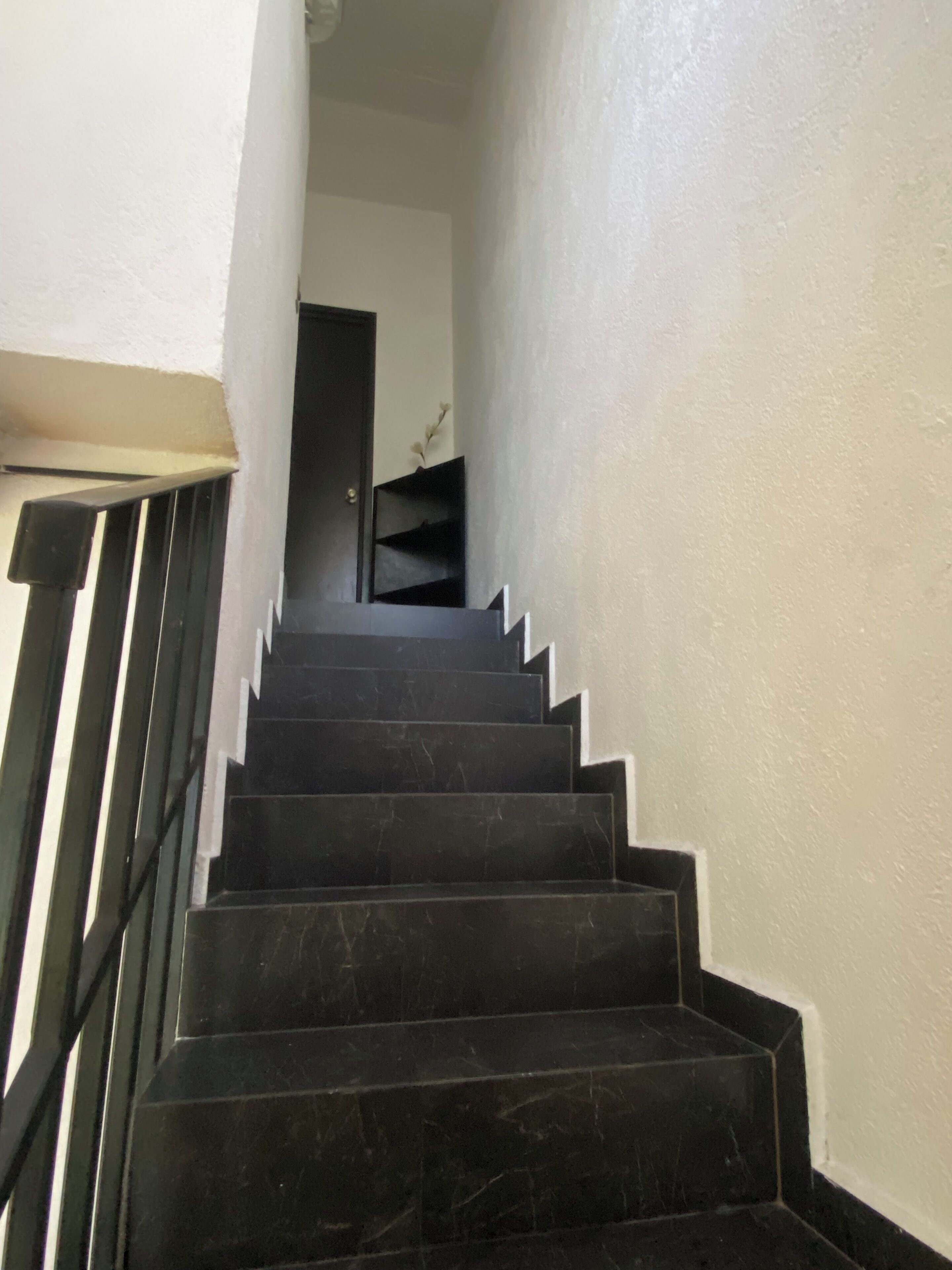 A staircase with black steps leading to a door.